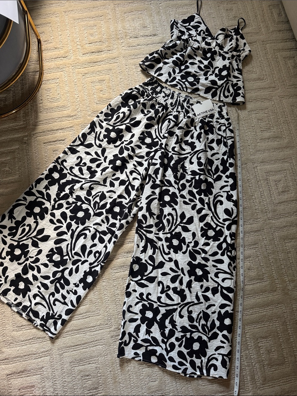 Active USA Black & White Floral Wide-Leg Jumpsuit Set